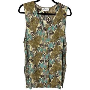 A.K.F. New York Vintage pattern button Vest Tan, teal & purple Size Medium